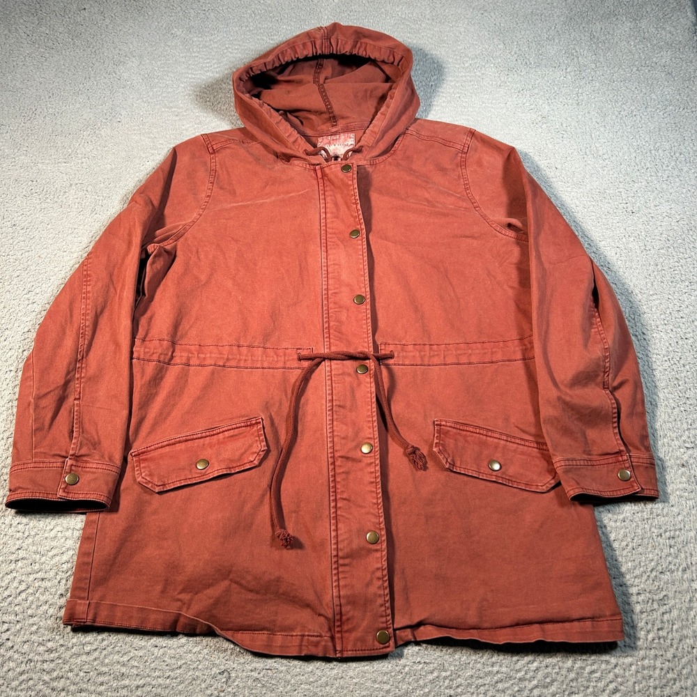 Lucky Brand Jacket Women Large Hooded Anorak‎ Red Orange Drawstring Utility